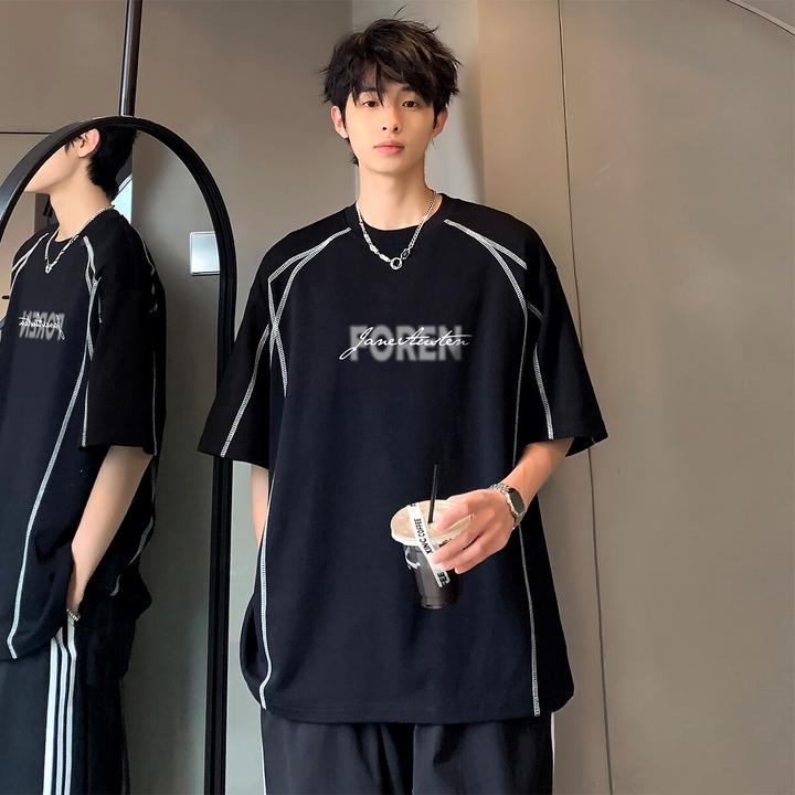 辑明线重磅短袖通勤男夏季潮牌美式字母衣服宽松潮流百搭半袖体恤