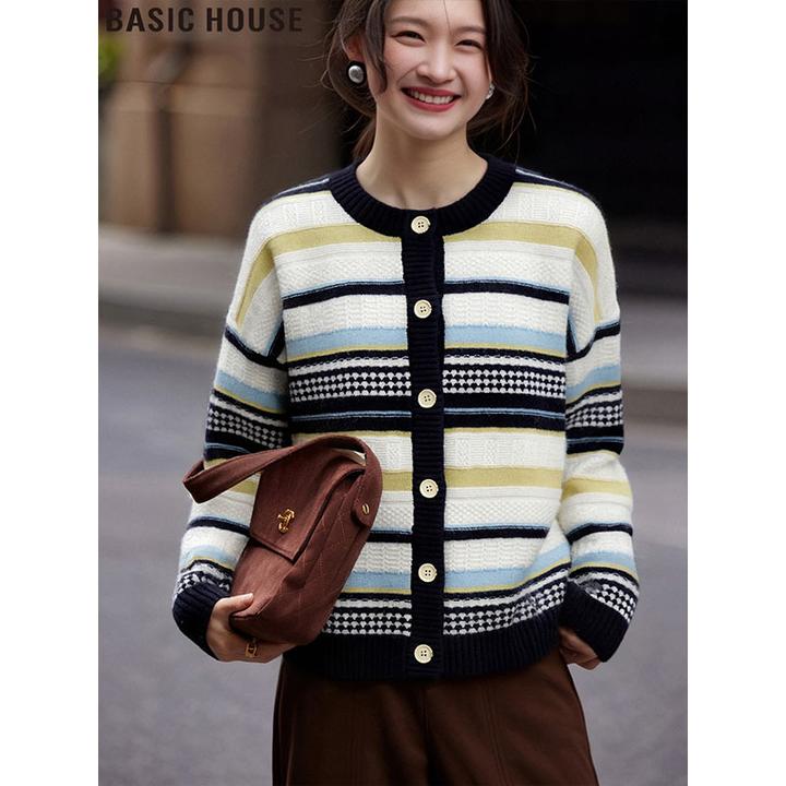 Basic House/百家好条纹长袖针织开衫法式圆领毛衣外套女2025冬季