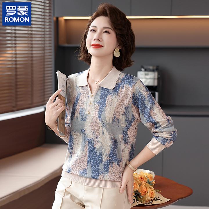 罗蒙名牌妈妈装秋冬打底衫毛衣中老年女春秋印花气质长袖宽松上衣