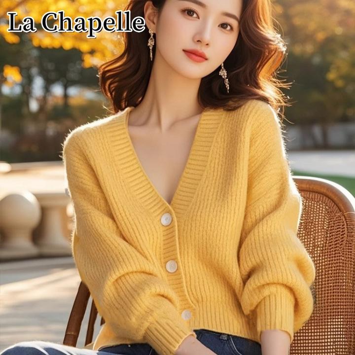 拉夏贝尔秋季新款气质V领纯色针织开衫韩系百搭宽松显瘦毛衣外套