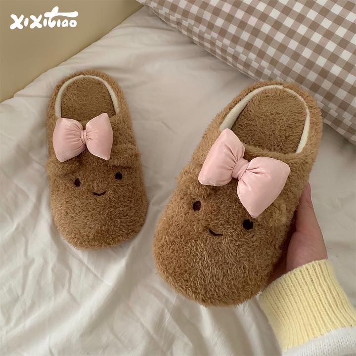 细细条 蝴蝶结小熊棉拖鞋女学生冬季居家静音地板防滑可爱毛毛鞋
