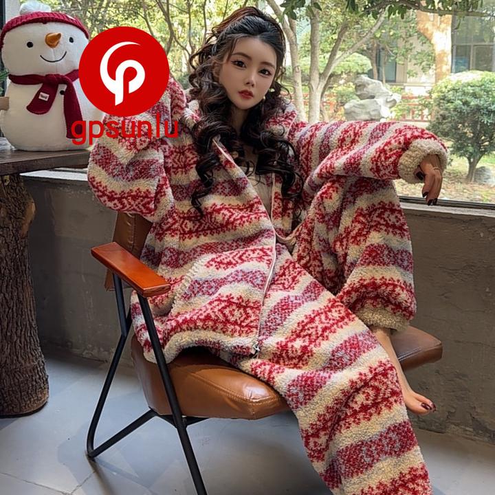 gpsunlu轻奢风费尔岛连帽宽松保暖睡衣女秋冬家居服法兰绒加厚款