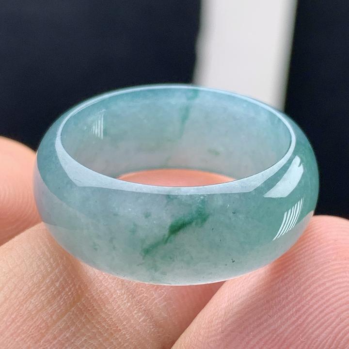 戒指内径21.5纯天然a货翡翠老坑冰种蓝绿色素面轮胎宽扳指环尾戒