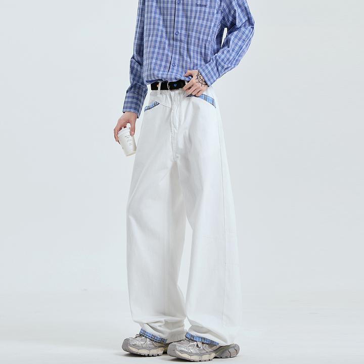 美式拼接微喇牛仔裤男春潮牌cleanfit宽松拖地裤高街百搭休闲裤子