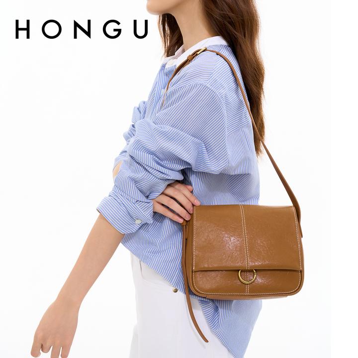 HONGU/红谷2025新款植鞣牛皮单肩腋下包真皮复古斜挎豆腐包女士包