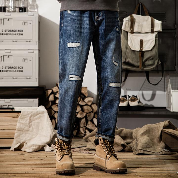 2025年2025新款赤耳丹宁高端牛仔裤破洞复古九分裤男款休闲锥形裤