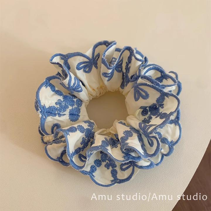 蓝色蝴蝶结花朵刺绣双层大肠发圈女韩系扎头发丸子头发绳头绳发饰