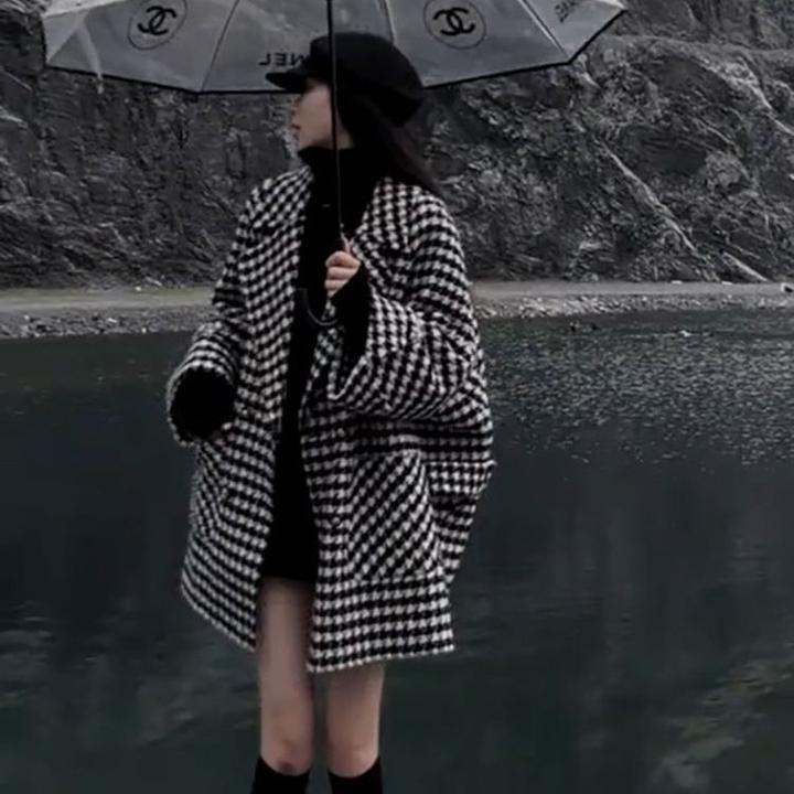 秋冬新款千鸟格呢子大衣外套女加厚小香风高级宽松显瘦气质上衣女