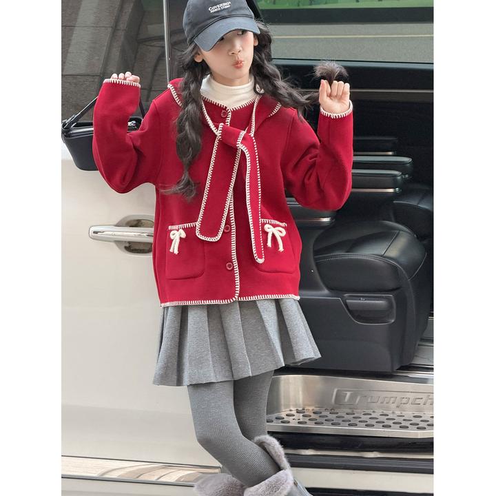 K30427孙小美明线包边女童加绒外套秋冬装儿童加厚红色新年装潮