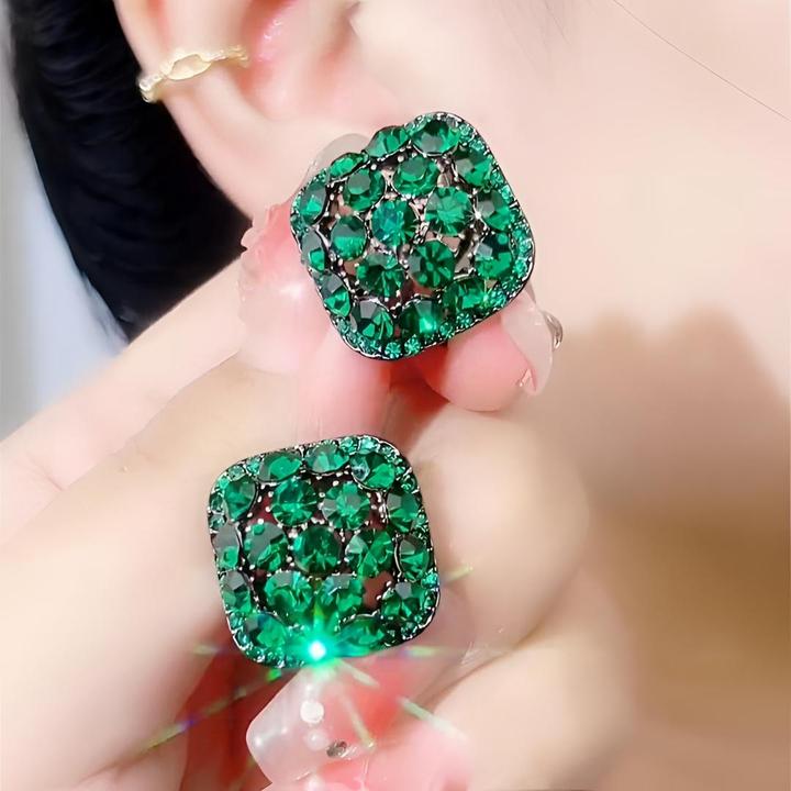 铜合金耳饰 绿色锆石几何耳钉女新款复古轻奢气质耳饰高级感耳环