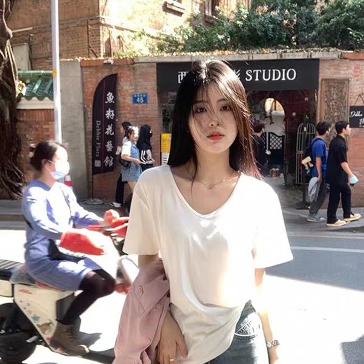 U领t恤女短袖白色正肩百搭夏季2025年大领口宽松显瘦上衣t恤修身