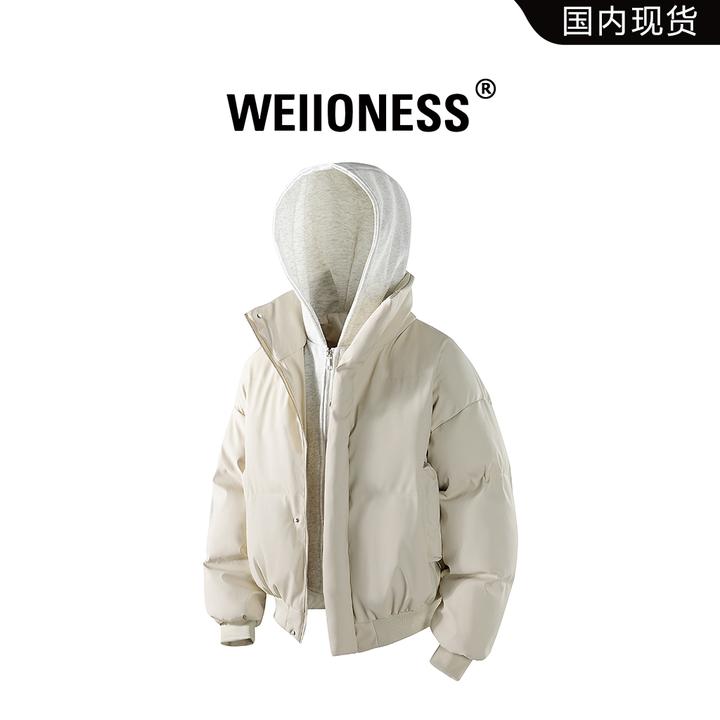 WEIIONESS假两件美式潮流连帽棉衣男款冬季加厚保暖百搭棉服外套