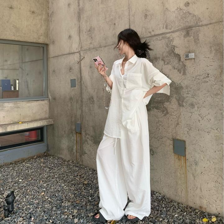 小众春夏韩版松弛感慵懒套装宽松休闲衬衫高腰系带阔腿裤老钱风