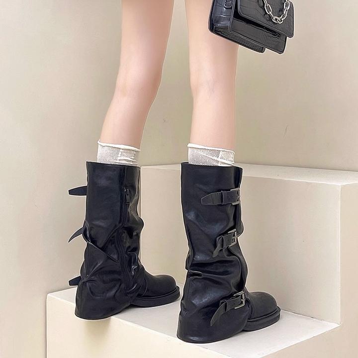 厚底中筒裤管靴子女2025年早秋冬季新款褶皱皮带扣暗黑长靴骑士靴