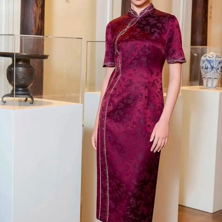 170031朱紫榆六礼幕天姿枣红色深紫色婚礼时尚服装旗袍新中式醋酸
