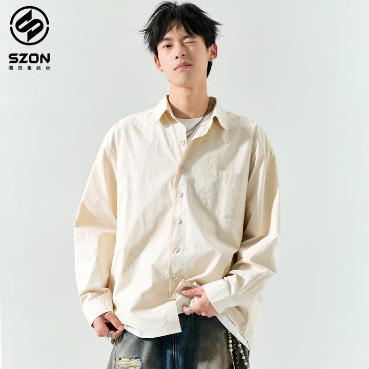 男士衬衫2025爆款日系简约纯色翻领上衣春秋新款宽松休闲衬衣外套