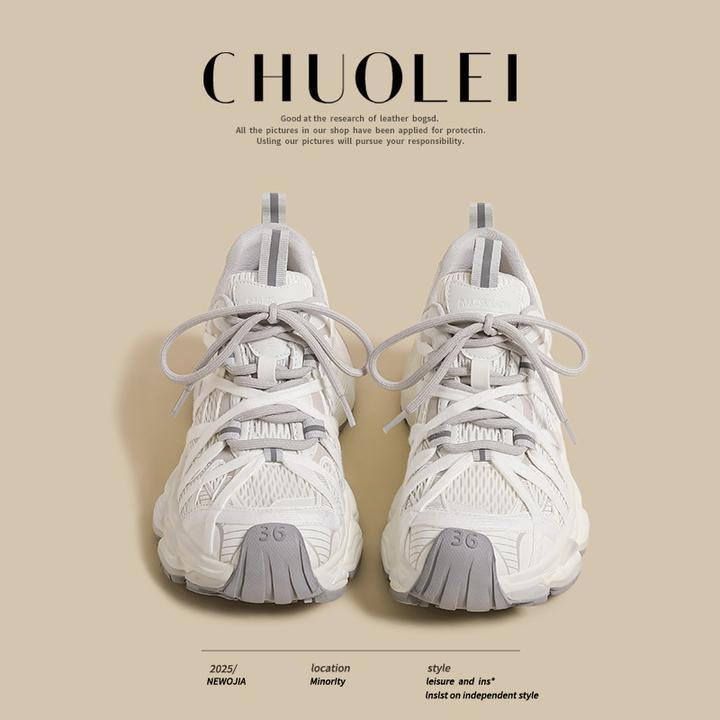 厚底老爹鞋小个子蜘蛛运动鞋绑带鞋白色高级鞋网面重工休闲增高透