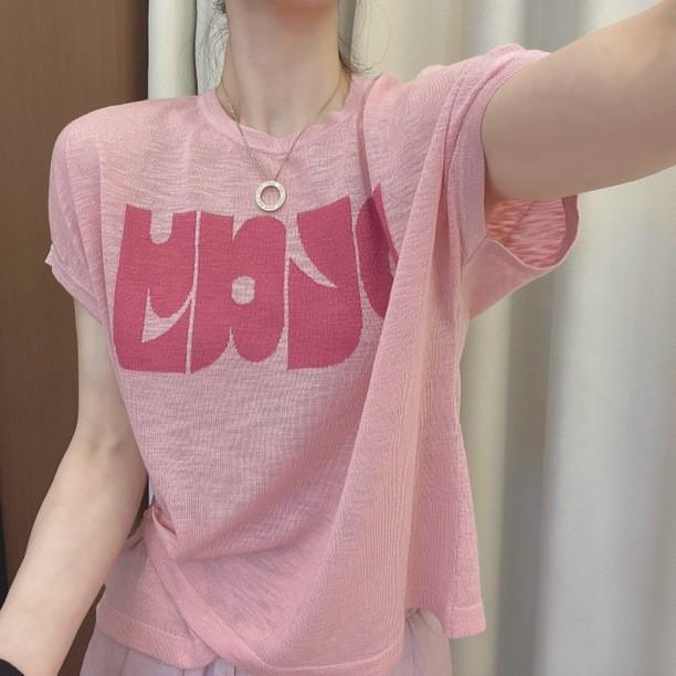 薄款冰丝针织衫女夏季新款韩版侧边一粒扣小个子竹节麻T恤设计感