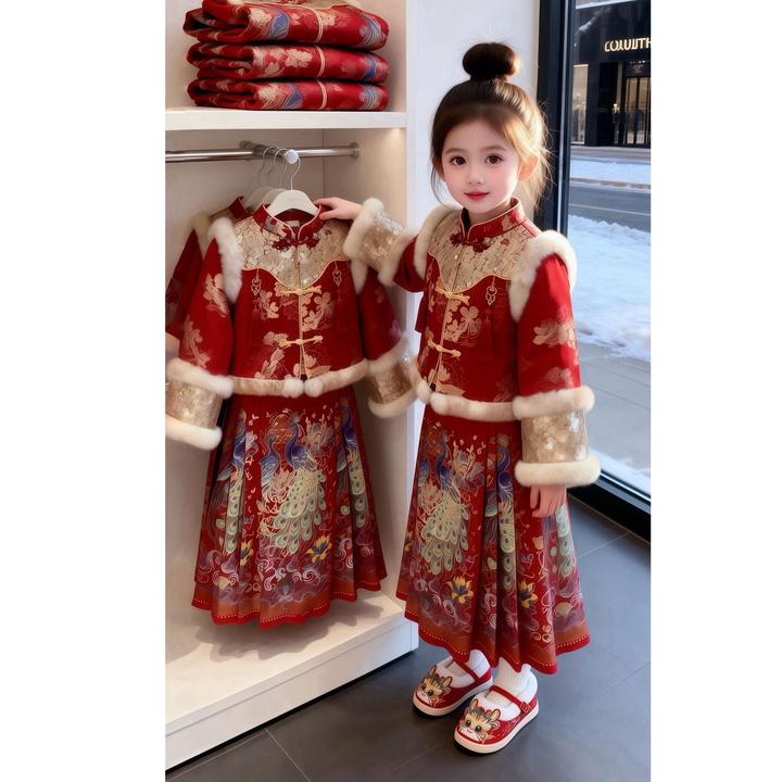 女童拜年服马面裙套装冬装2025国风新中式新年装外套汉服两件套裙
