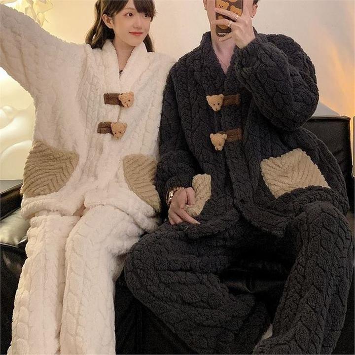 秋冬季卡通情侣加绒加厚睡衣女士珊瑚绒睡衣男高中生家居服可外穿