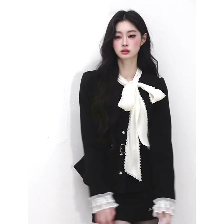 法式高级感蕾丝蝴蝶结西装外套上衣女秋冬修身显瘦包臀短裙两件套