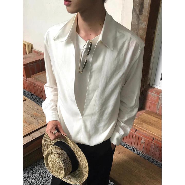 英伦雅痞男装假两件白色防晒长袖衬衫夏季高级感痞帅立领衬衣外套