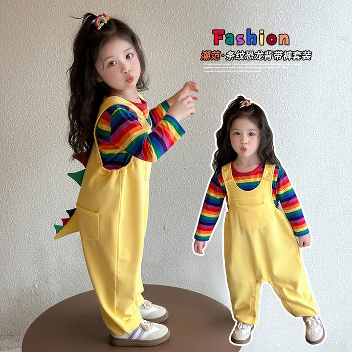 女童春装背带裤套装2025新款儿童卡通洋气两件套宝宝春秋可爱衣服