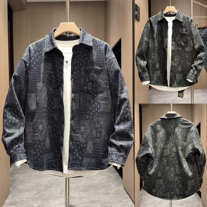秋季新款潮牌压花牛仔衬衫外套男士高级感名族风燕尾翻领休闲上衣
