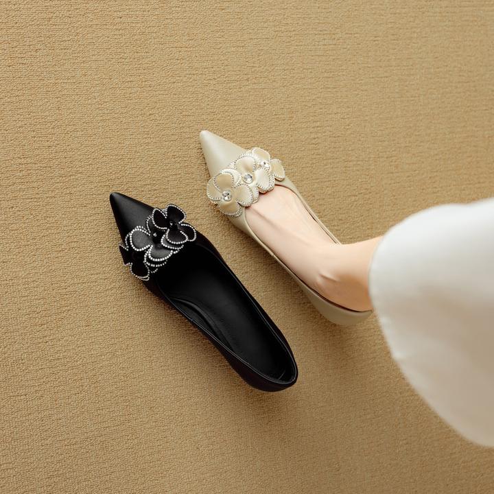 全羊皮~4.5cm轻奢气质金钱花猫跟中跟单鞋女2025新款时尚通勤女鞋