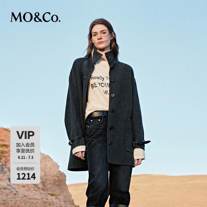 MOCO秋美丽诺绵羊毛灰色高领中长款双面呢大衣MBD3OVCT07