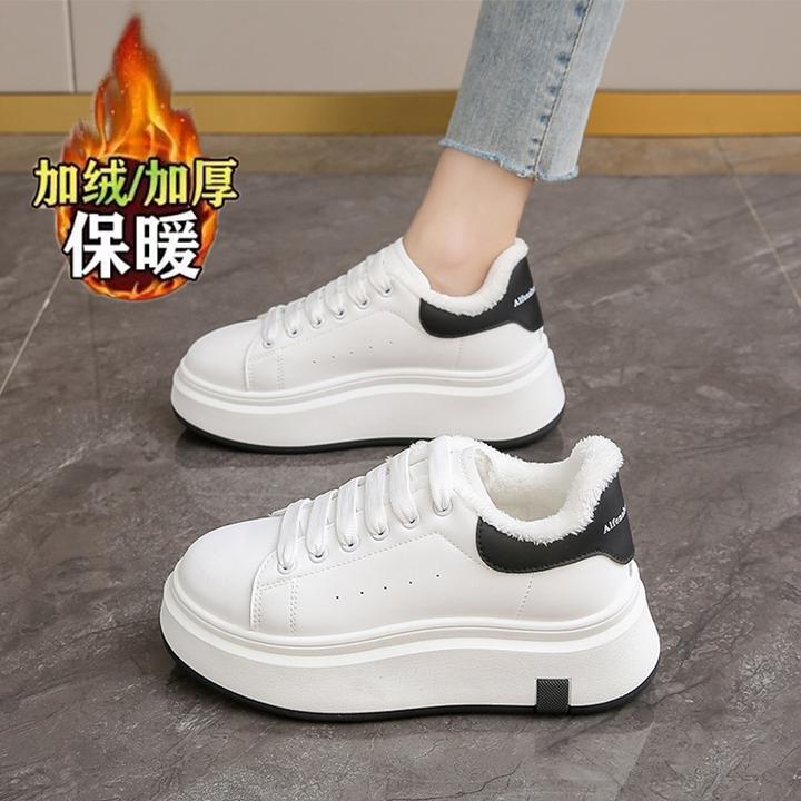麦昆小白鞋女冬季加绒女鞋2025新款厚底增高二棉休闲运动板鞋34码