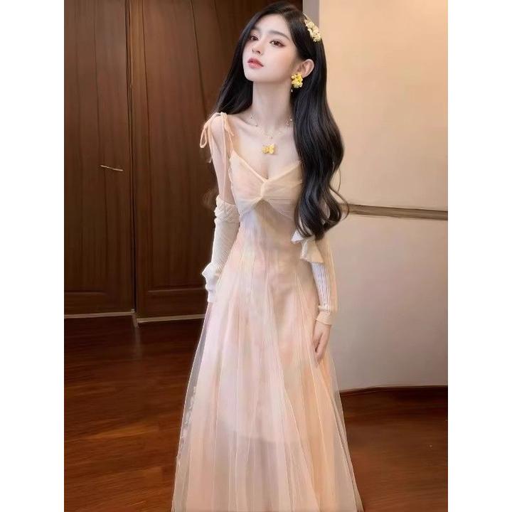 韩系温柔甜美网纱拼接吊带连衣裙度假风收腰长裙女外搭防晒套装