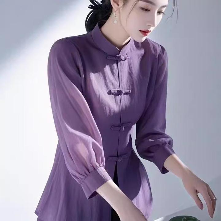 新中式国风紫色盘扣衬衫高级感新款轻奢设计感立领上衣外穿女款