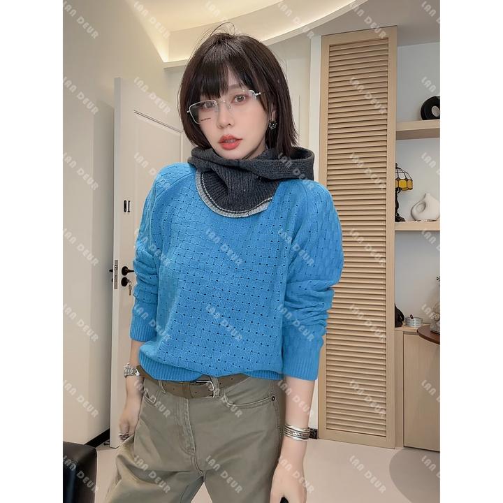 JIUJIU【白鹭行川】100%绵羊毛时尚镂空宽松套头秋冬打底针织衫女