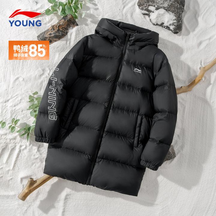 李宁儿童中长款羽绒服2026冬季男大童鸭绒保暖连帽宽松休闲厚外套