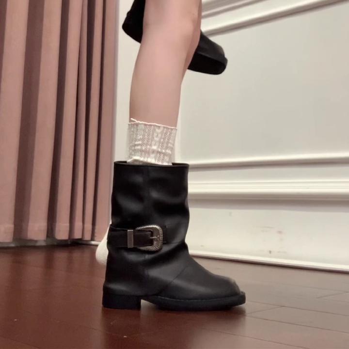牛皮版~法式时尚欧美朋克风中筒靴小众马丁靴低跟裤管靴圆头短靴