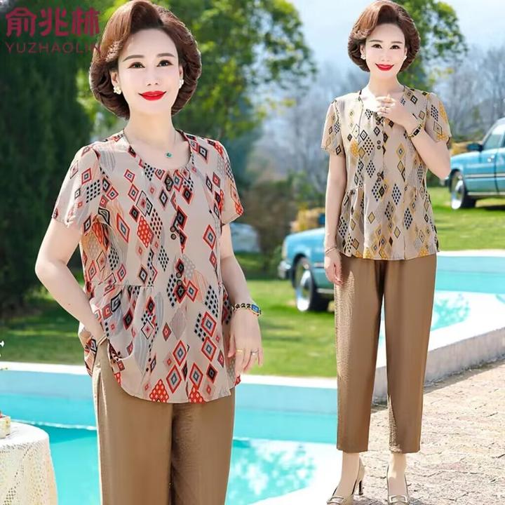 中老年人夏装套装洋气2024新款妈妈小衫上衣中年女装夏季短袖T恤