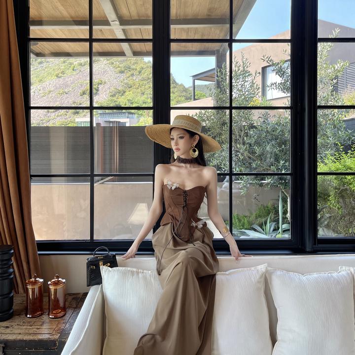 ChiclyNana  欧美风连衣裙蝴蝶装饰束腰下摆可拆卸不规则抹胸长裙