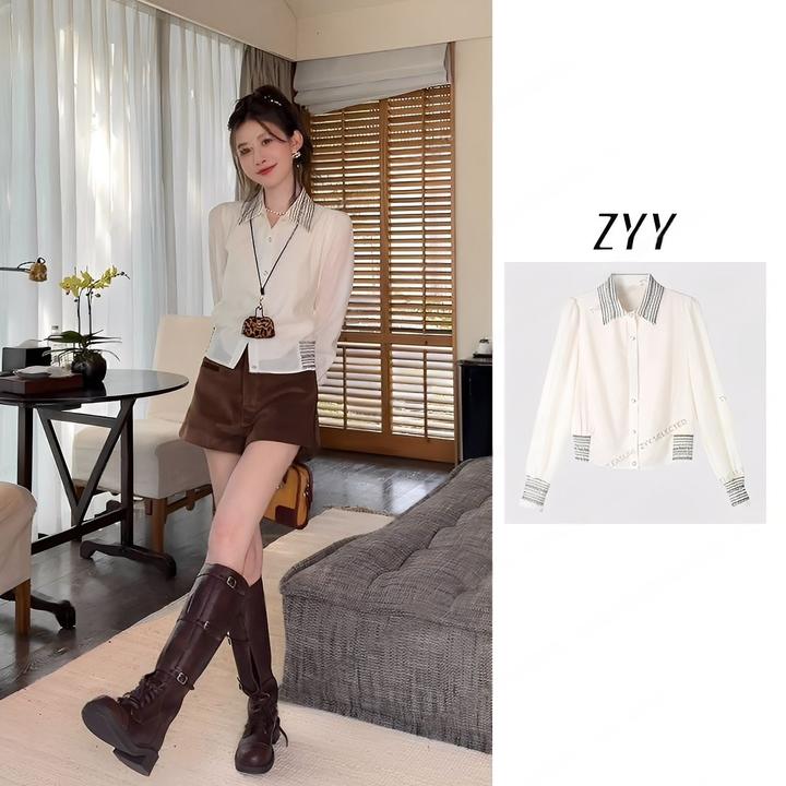 ZYY【白茶缪斯】2025/S新品高定静奢设计感打揽撞色衬衫X25QCS02662