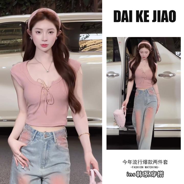 夏季韩系穿搭一整套女2025新款辣妹修身上衣设计感牛仔裤两件套装