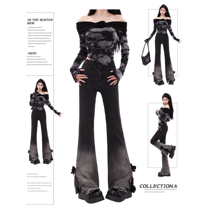 特大码女装胖mm美式复古高腰显瘦微喇叭牛仔裤女宽松百搭拖地长裤