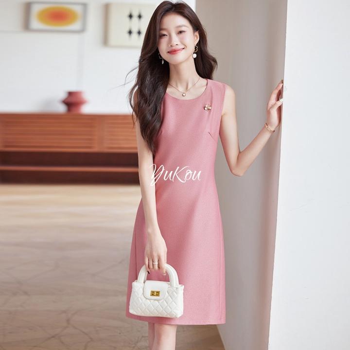 粉色连衣裙女夏季2025新款修身职业西装内搭无袖中长裙气质正装裙