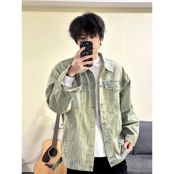 黄泥色短款牛仔外套男款春秋季美式复古水洗牛仔衣少年感工装夹克