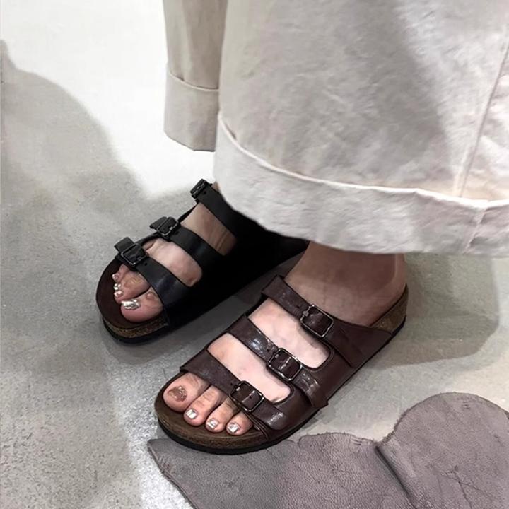 复古皮带扣一字拖鞋女2025夏季新款平底百搭懒人一脚蹬外穿勃肯鞋