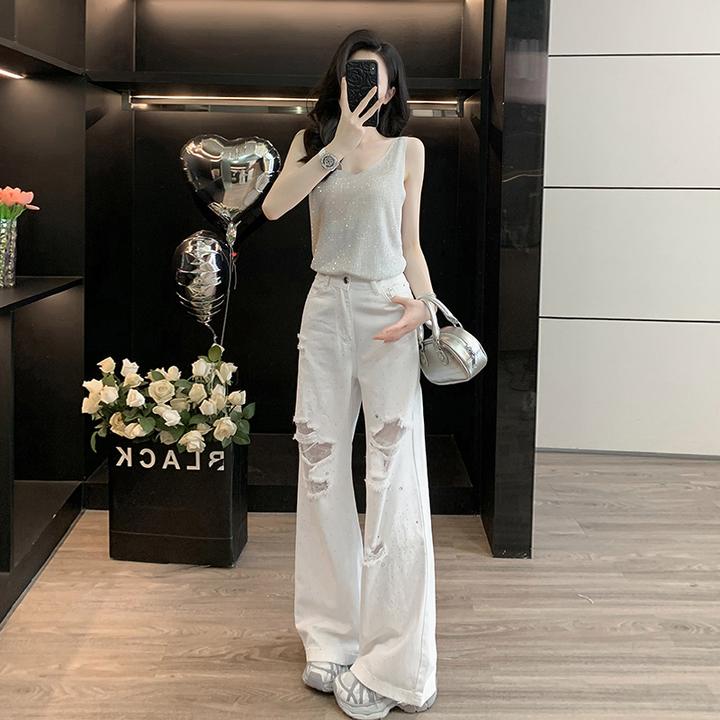 高级感时尚休闲套装女夏新款气质显瘦辣妹吊带亮片背心破洞牛仔裤