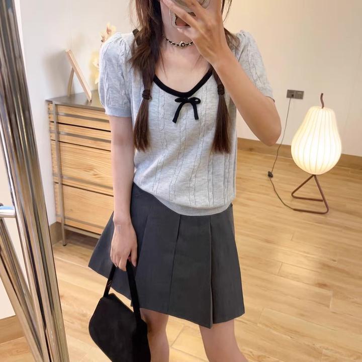 韩系千金针织衫蝴蝶结圆领短袖显瘦上衣春夏季百搭衣服洋气毛衣女