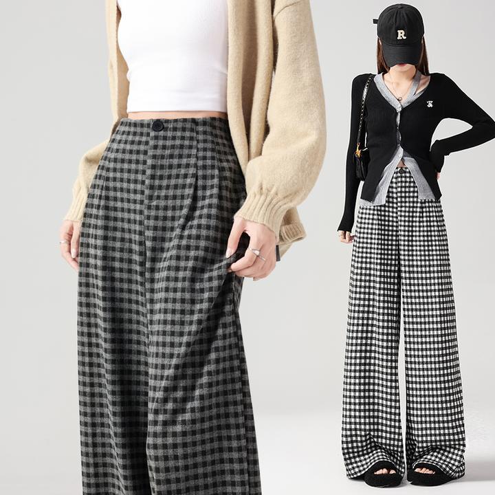 毛呢格子裤女秋冬新款宽松慵懒复古格纹西装裤休闲阔腿裤子显瘦