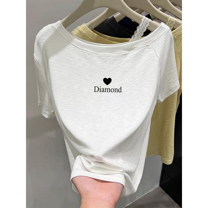 2025超火短袖t恤女夏季时尚百搭设计感斜领露肩吊带上衣欧货小衫