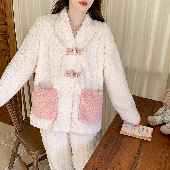 秋冬季ins珊瑚绒睡衣女套加绒加厚毛绒小熊宽松保暖法兰绒家居服