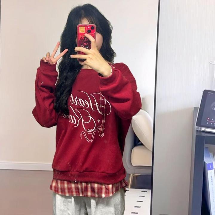 红色圆领套头卫衣女秋冬加绒新款设计感小众宽松假两件薄款上衣潮